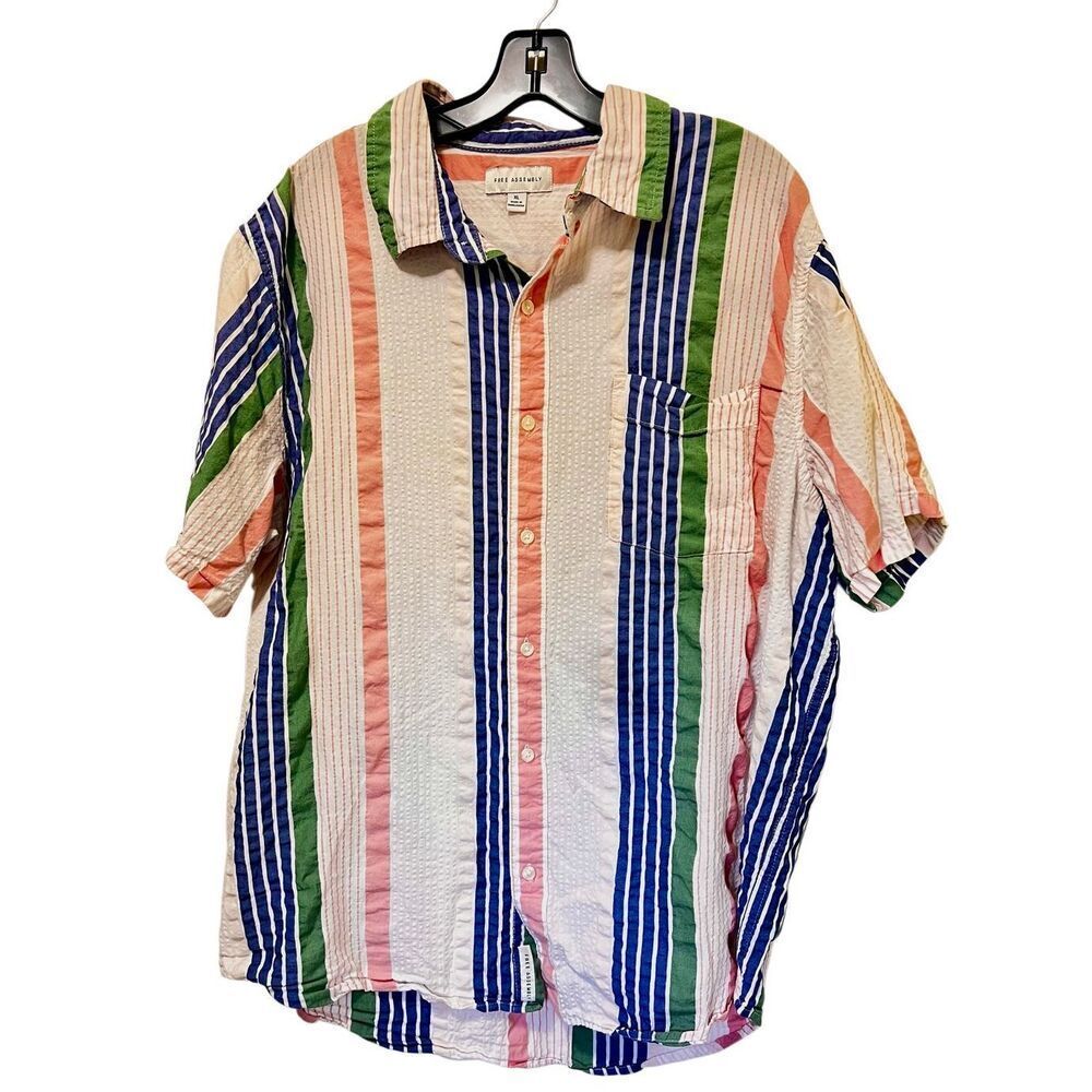 Free Assembly Shirt Mens Striped Seersucker Cotton Button Front Top Size XL